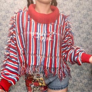 Vintage Turtleneck Sweater Fringe Handmade Distressed Reworked Womens Large Crop